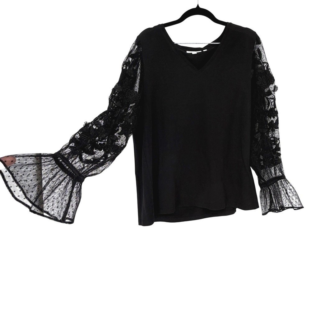 Chico's Pima Cotton Lace Sleeve Top Size 2 Large Black Bell‎ Sleeve Blouse
